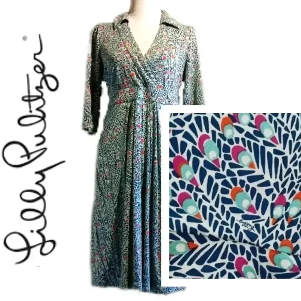 🌟 Lilly Pulitzer Feather Monogram Print Silk Stretch Flare Dress Blue Women